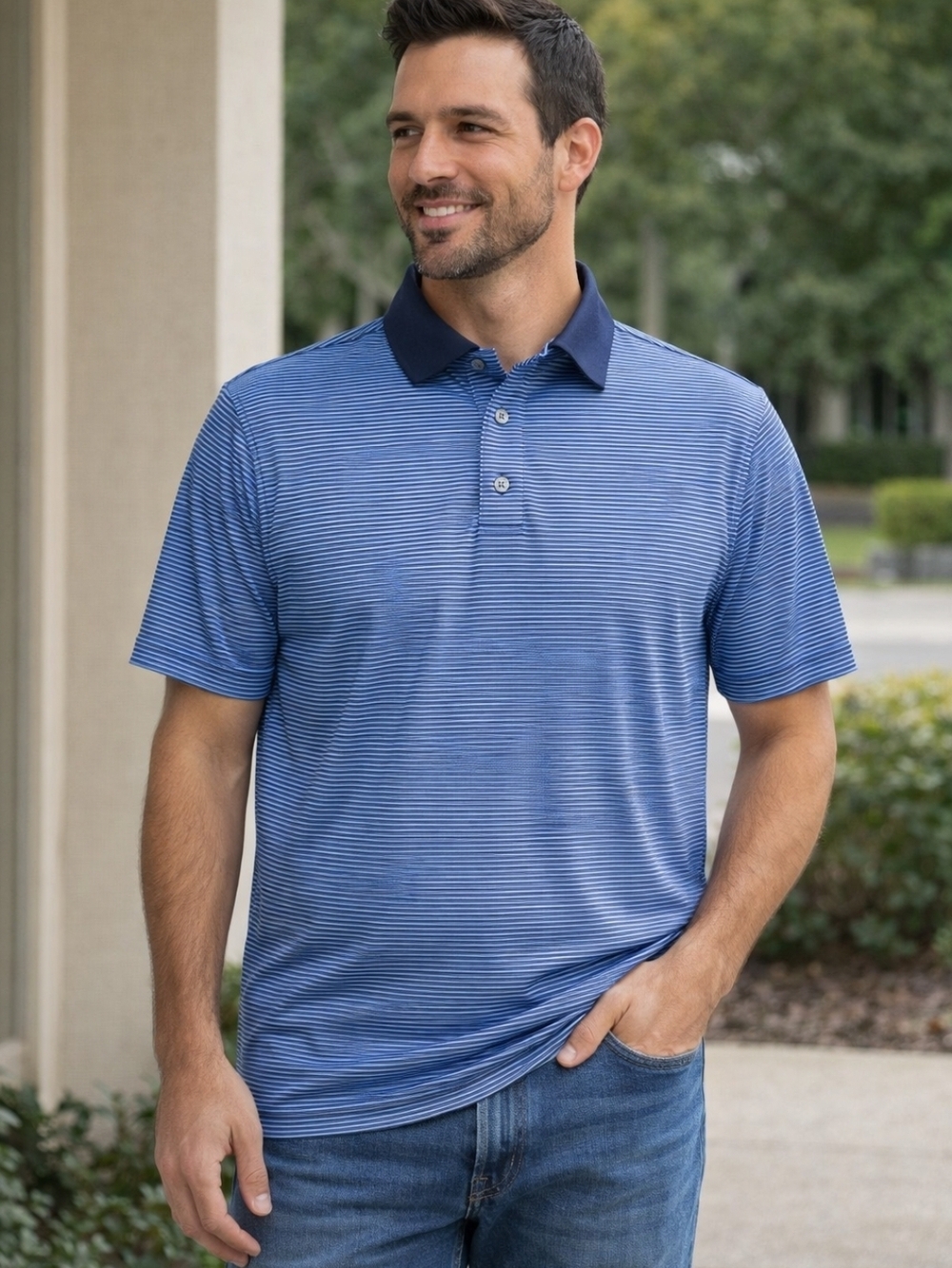 FootJoy FJ Mens Active Polo Shirt M Blue Striped Golf Performance Stretch Wick